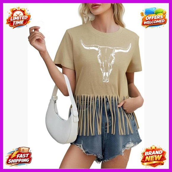 Tops - Vintage Western Graphic Tee Short Sleeve Boho Cow Skull Top Women's T-Shirt